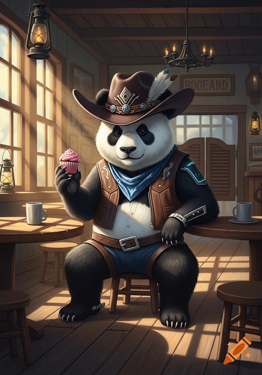 A cowboy panda holding a pink cupcake in a sunlit saloon.