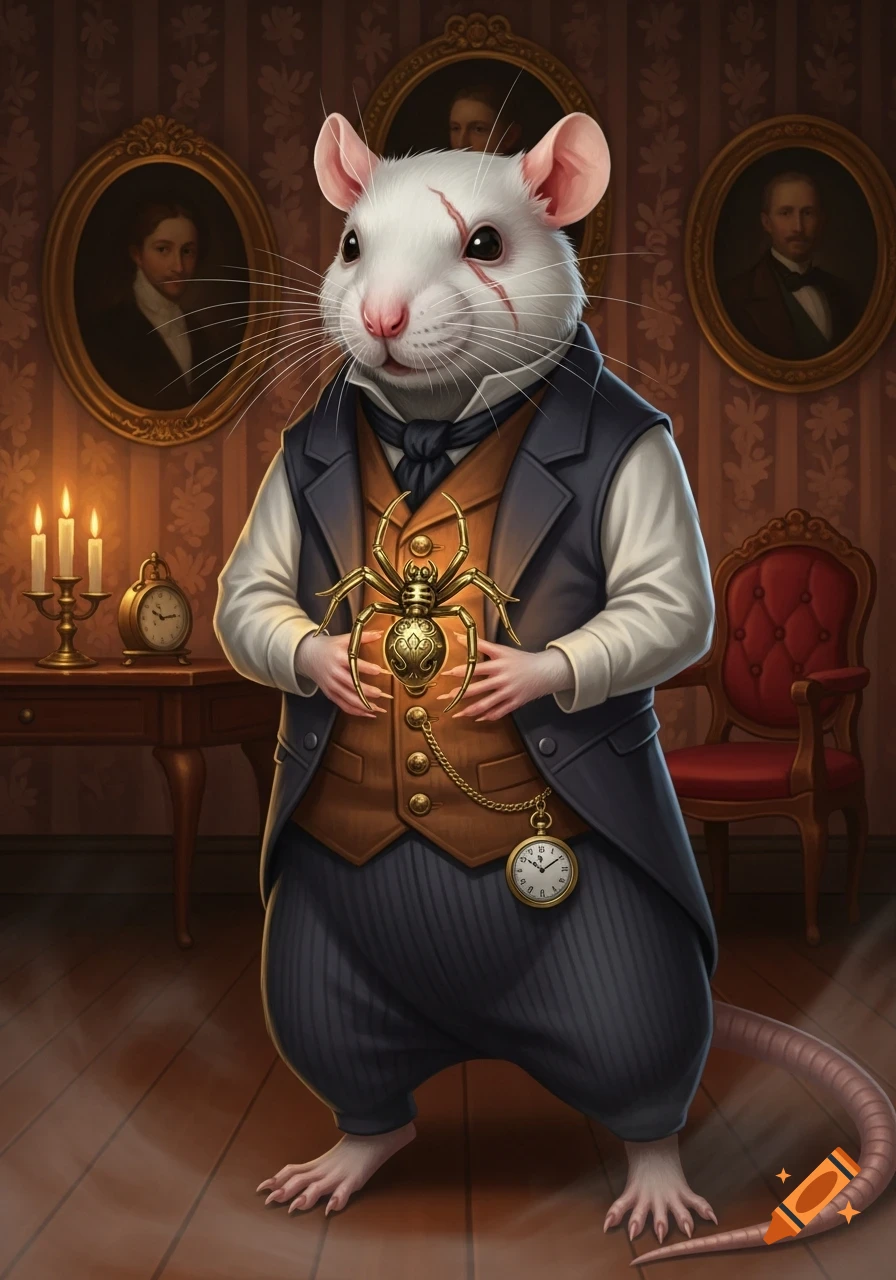A white anthropomorphic rat with a face scar, dressed in Victorian clothes, holding a brass spider in a fancy room.