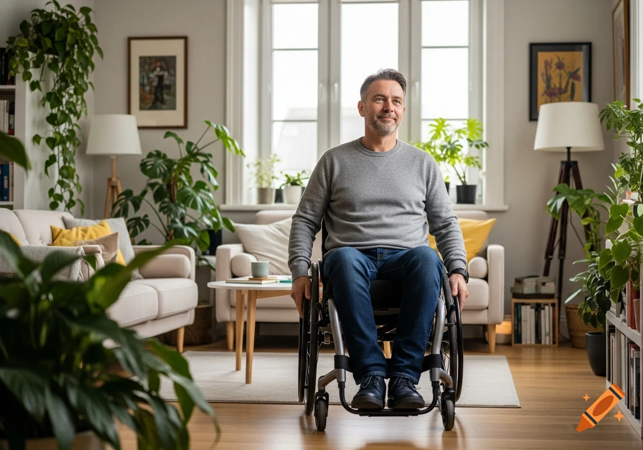 A middle-aged man in a wheelchair in a brightly lit modern living room filled with plants.