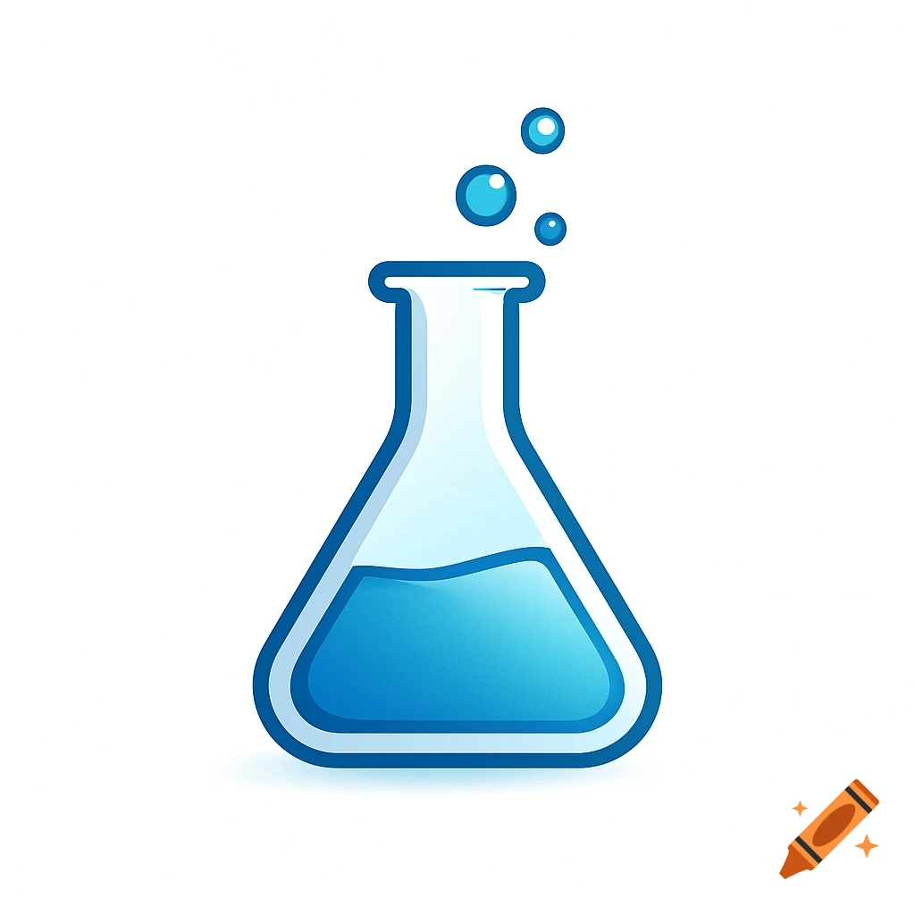 A stylized blue chemistry flask with liquid and bubbles, isolated on white.