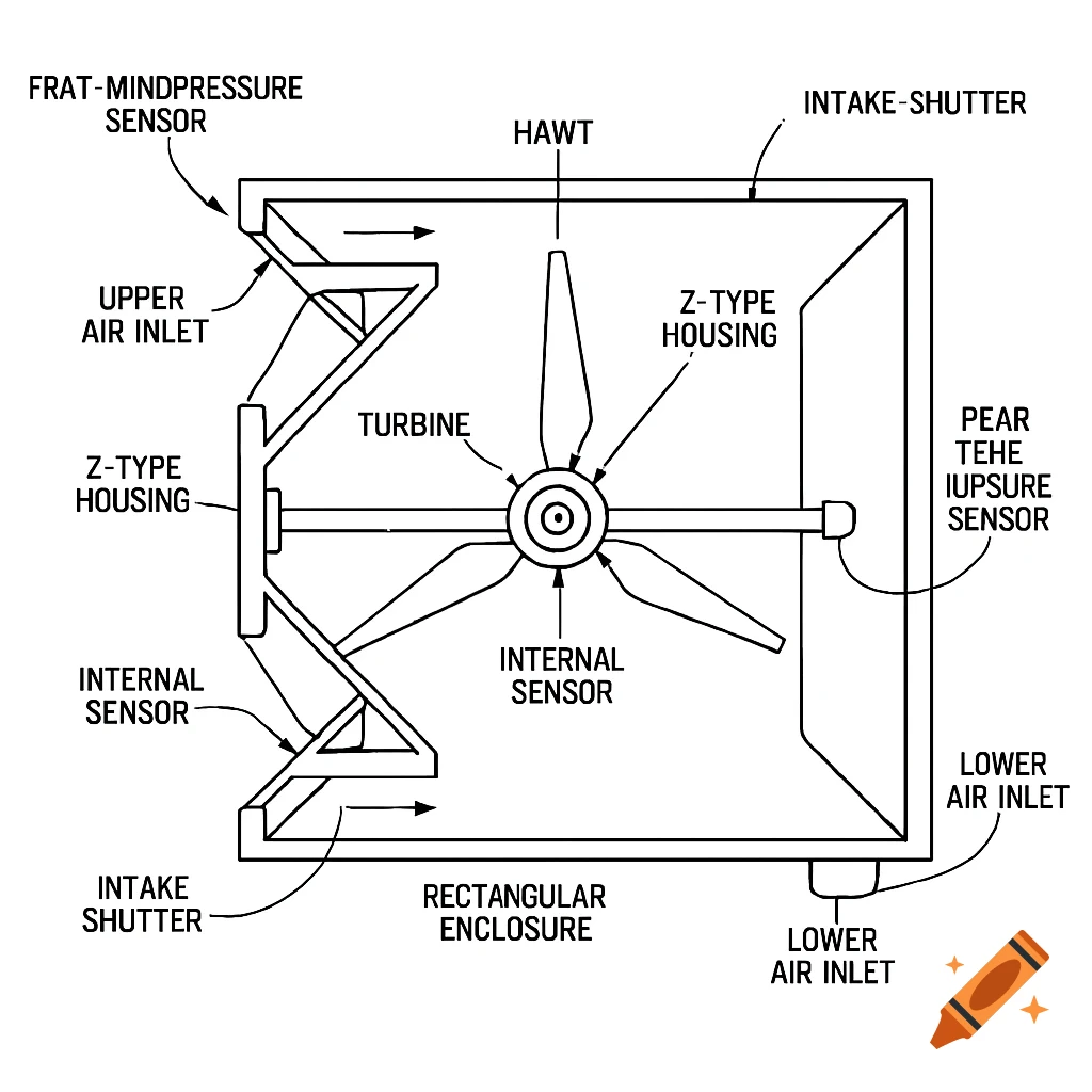 A black and white patent-style technical line drawing of a horizontal axis wind turbine inside a Z-type housing with various parts labeled.