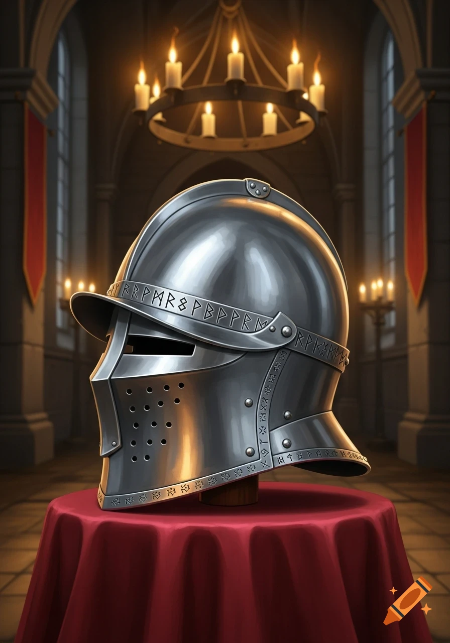 A shiny medieval steel helmet with runic engravings, displayed on a red cloth in a dimly lit castle hall.