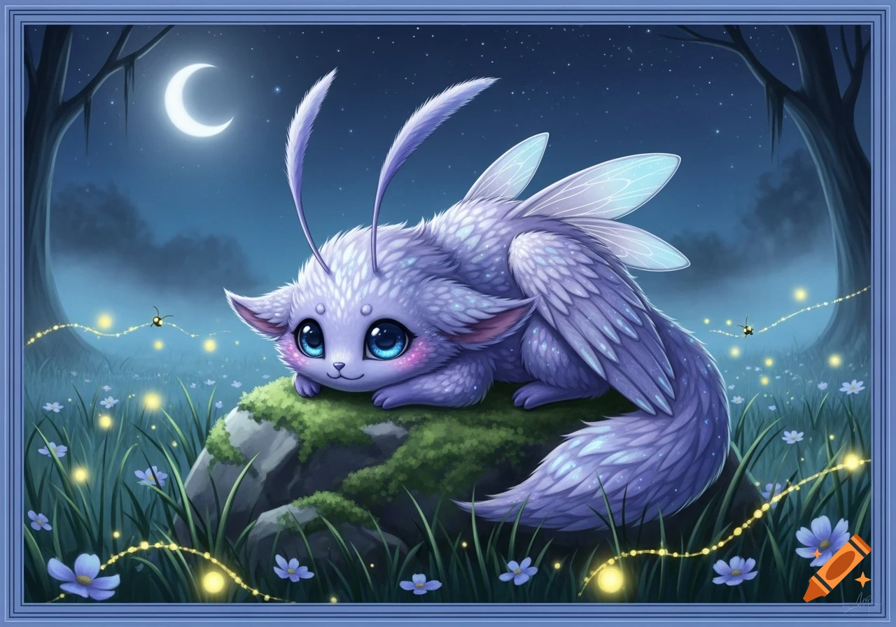 A cute, fluffy purple creature with wings and big blue eyes lies on a mossy rock in a moonlit field with fireflies.