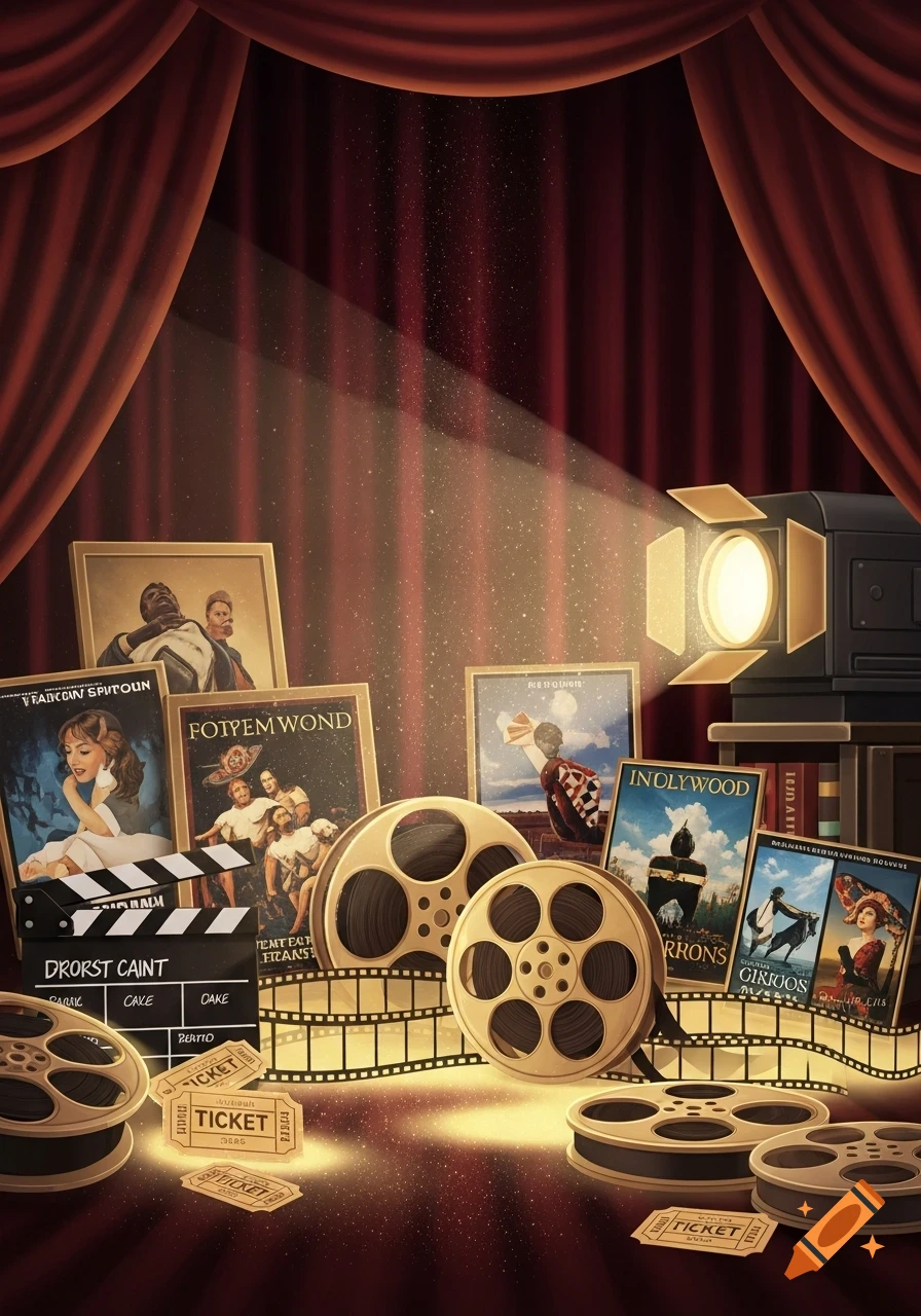 An array of movie memorabilia including film reels, a clapboard, film strip, cinema tickets, and movie posters, all under a glowing spotlight against red curtains.