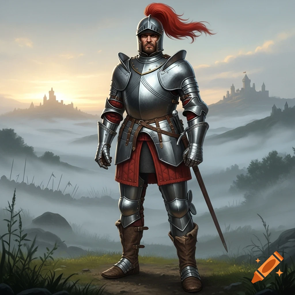A knight in full plate armor with worn boots stands in a misty valley with distant castles at sunrise.