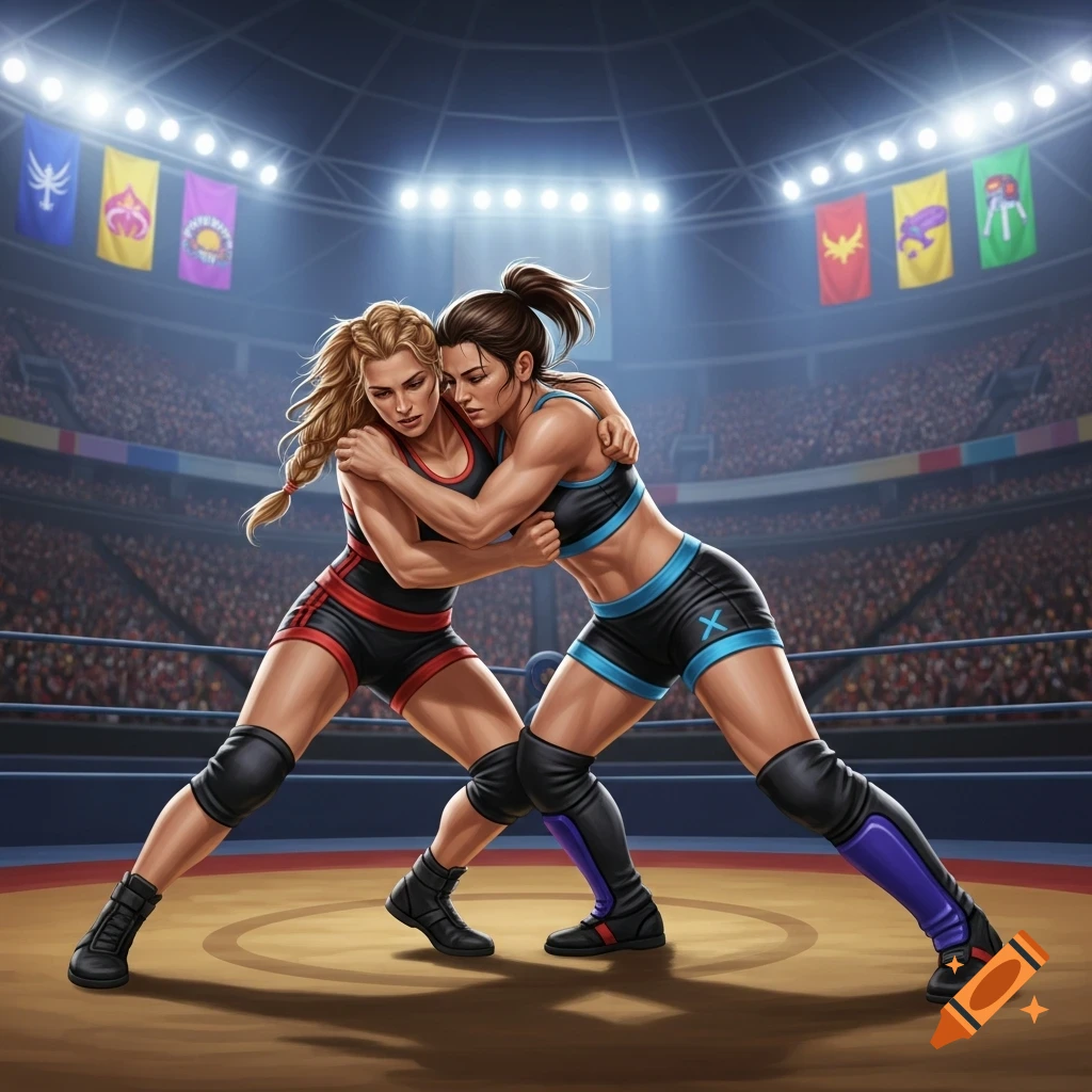 Two muscular women wrestle in a spotlighted stadium, surrounded by a large crowd, in a detailed illustration.