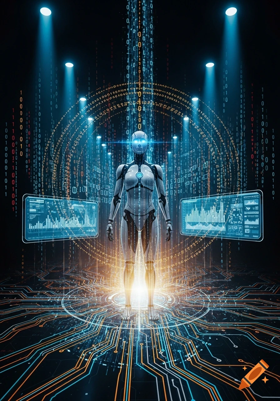 A humanoid robot stands amidst glowing circuit board patterns and binary code, flanked by two holographic data screens. Stylized digital art.