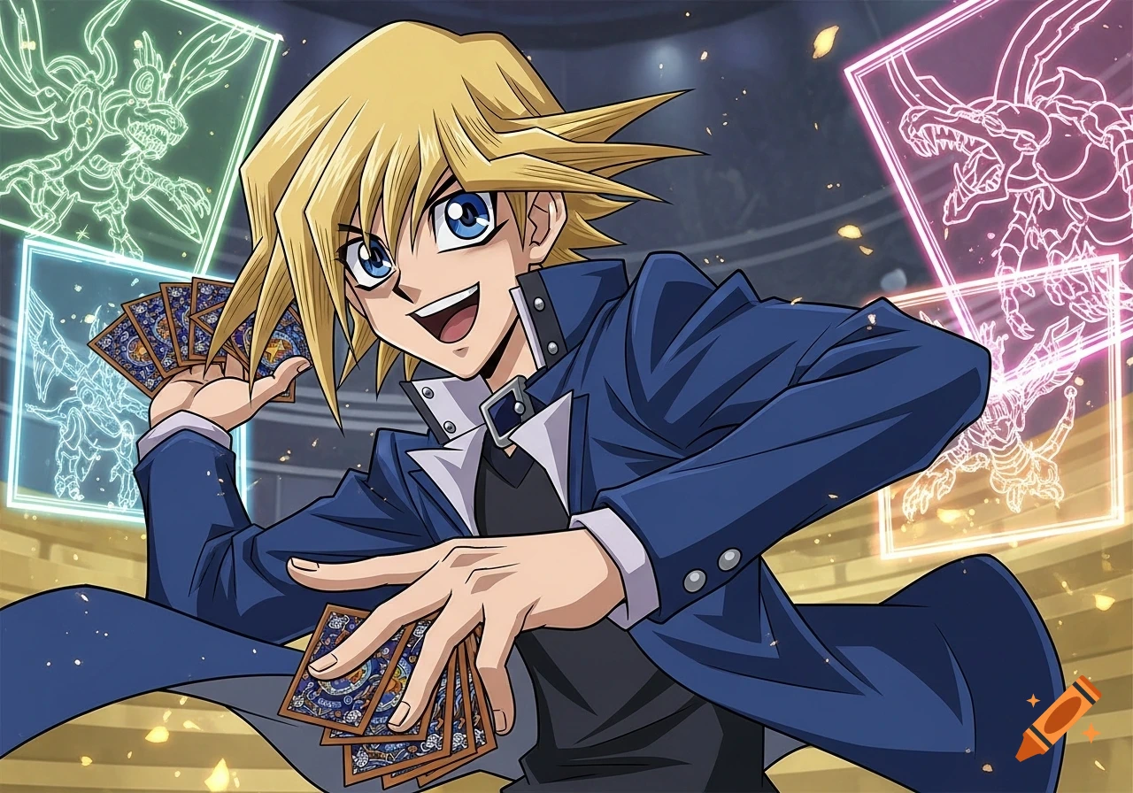 A blond boy duelist with blue eyes smiles, holding playing cards, with holographic monster projections in a Yu-Gi-Oh! anime style.