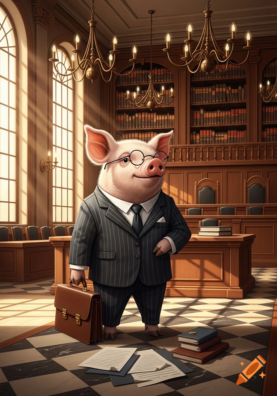 A pig wearing a pinstripe suit and round glasses, holding a briefcase, stands in a grand courtroom with high windows and bookshelves.