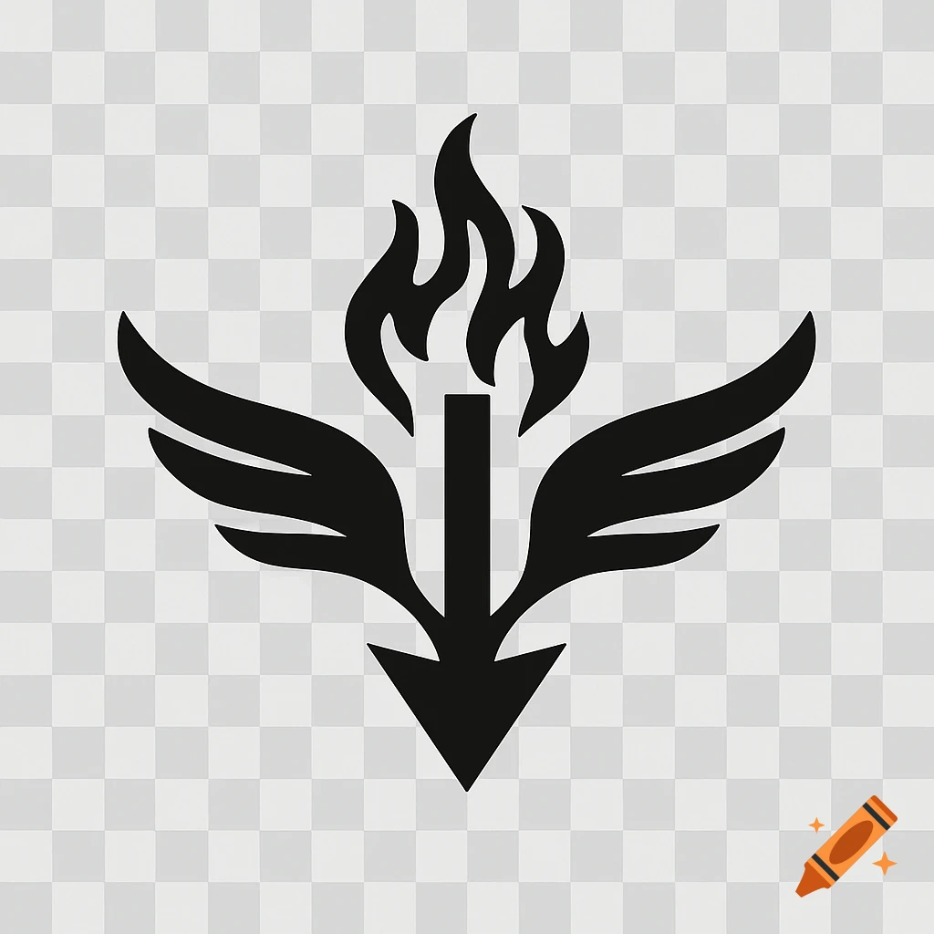 A minimalist black logo featuring a stylized upward flame and wings atop a downward-pointing arrow.