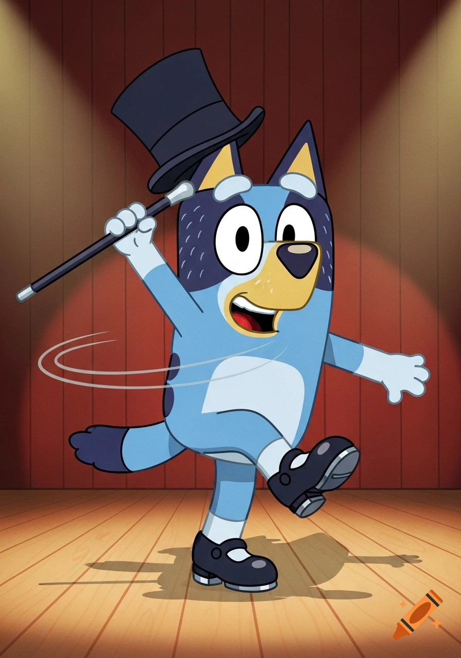 A 2D cartoon Bluey tap dancing on a stage, wearing a black top hat, holding a cane, and black tap shoes.