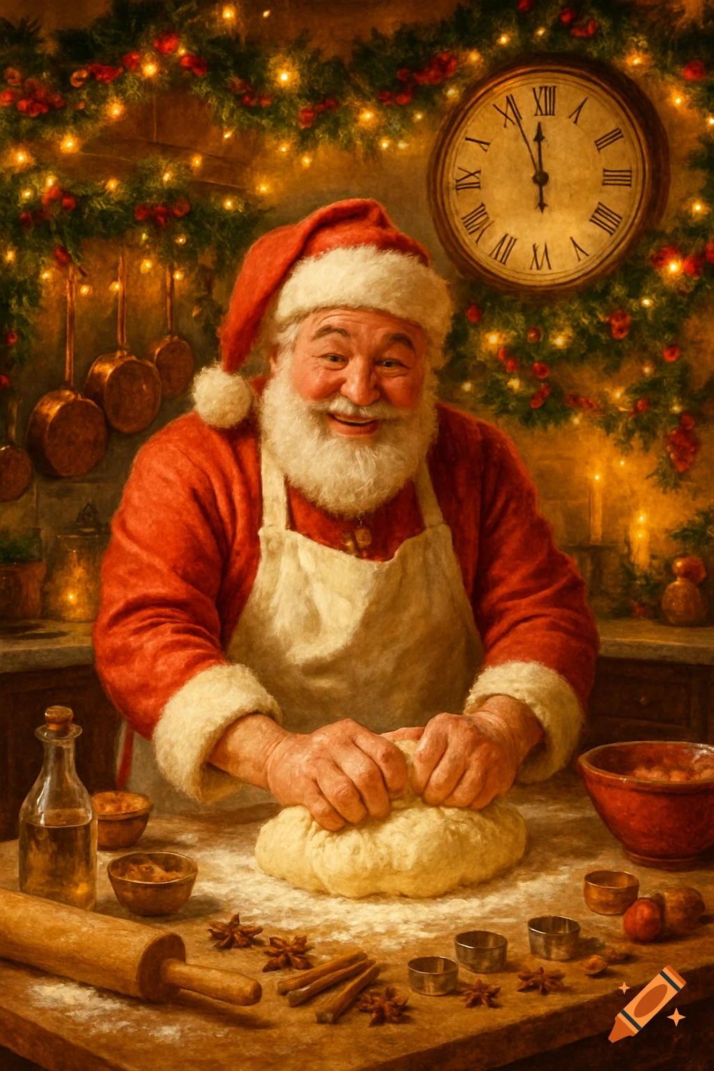 A smiling Santa Claus wearing an apron kneads dough in a festive kitchen decorated with garlands, lights, and a clock.