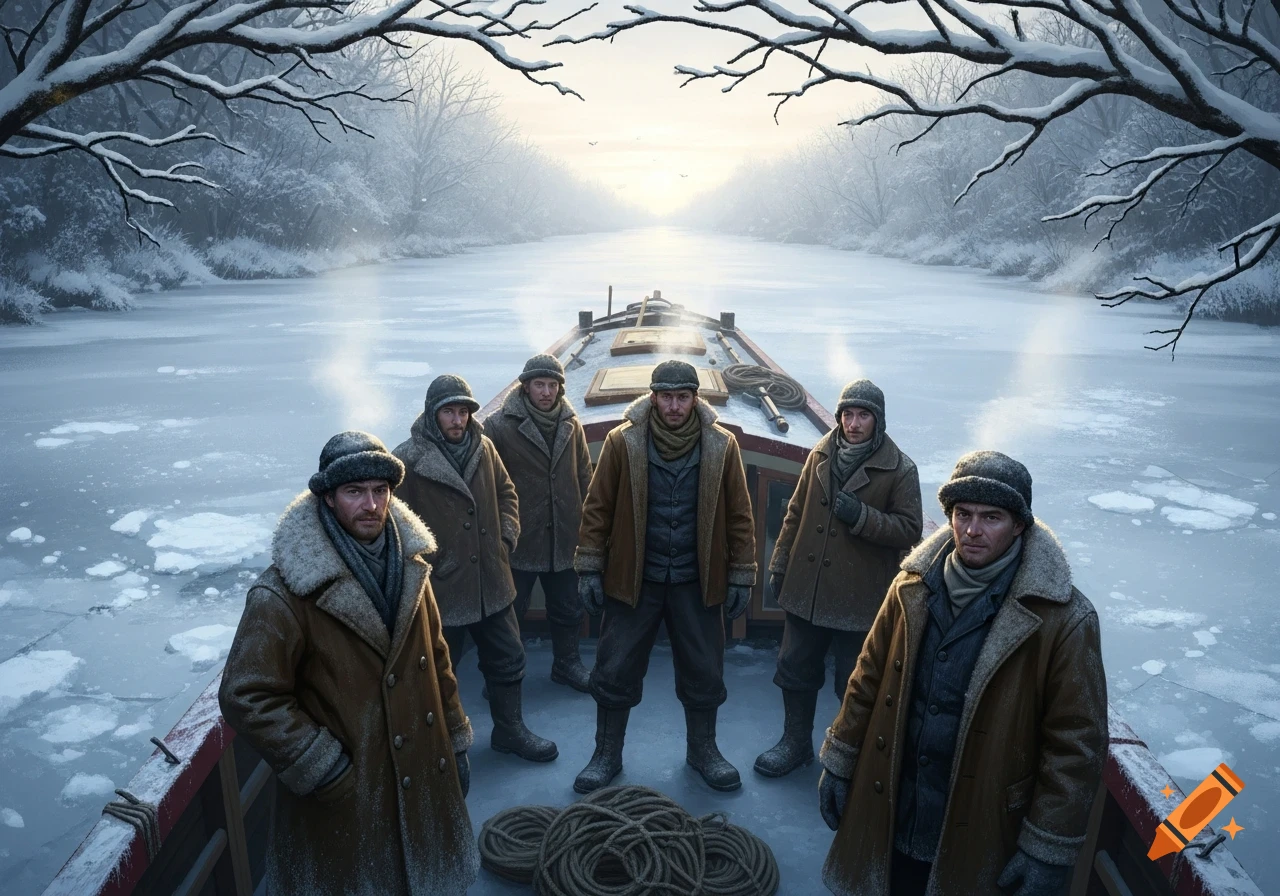 Six men in historical winter coats and hats stand on a boat stuck in a frozen canal, surrounded by snowy trees under a hazy sky.