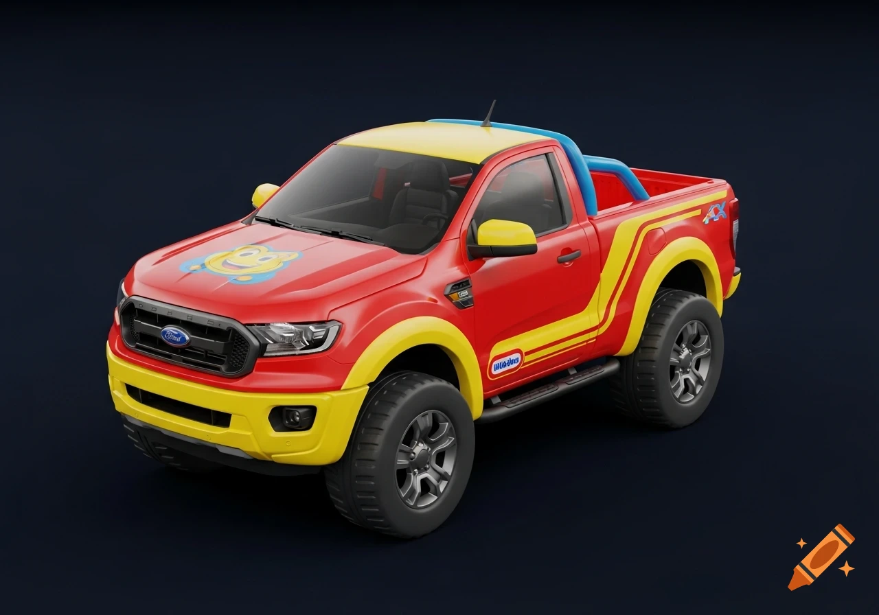 A red Ford Ranger pickup truck styled like a Little Tikes toy, with yellow and blue accents, on a dark background.