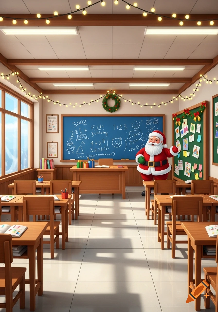 Santa Claus stands in a festive classroom decorated with Christmas lights, next to a blackboard with illegible writing.