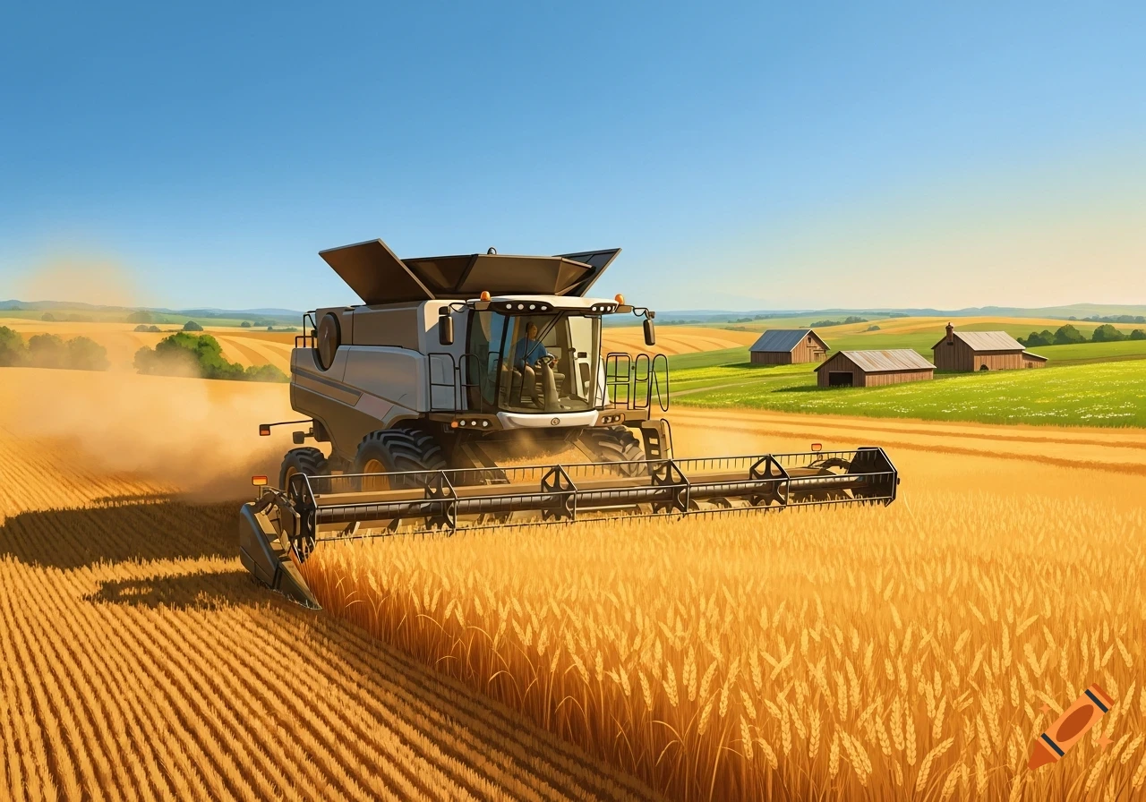 A combine harvester cuts through a golden wheat field with barns and green hills in the distance under a clear blue sky.