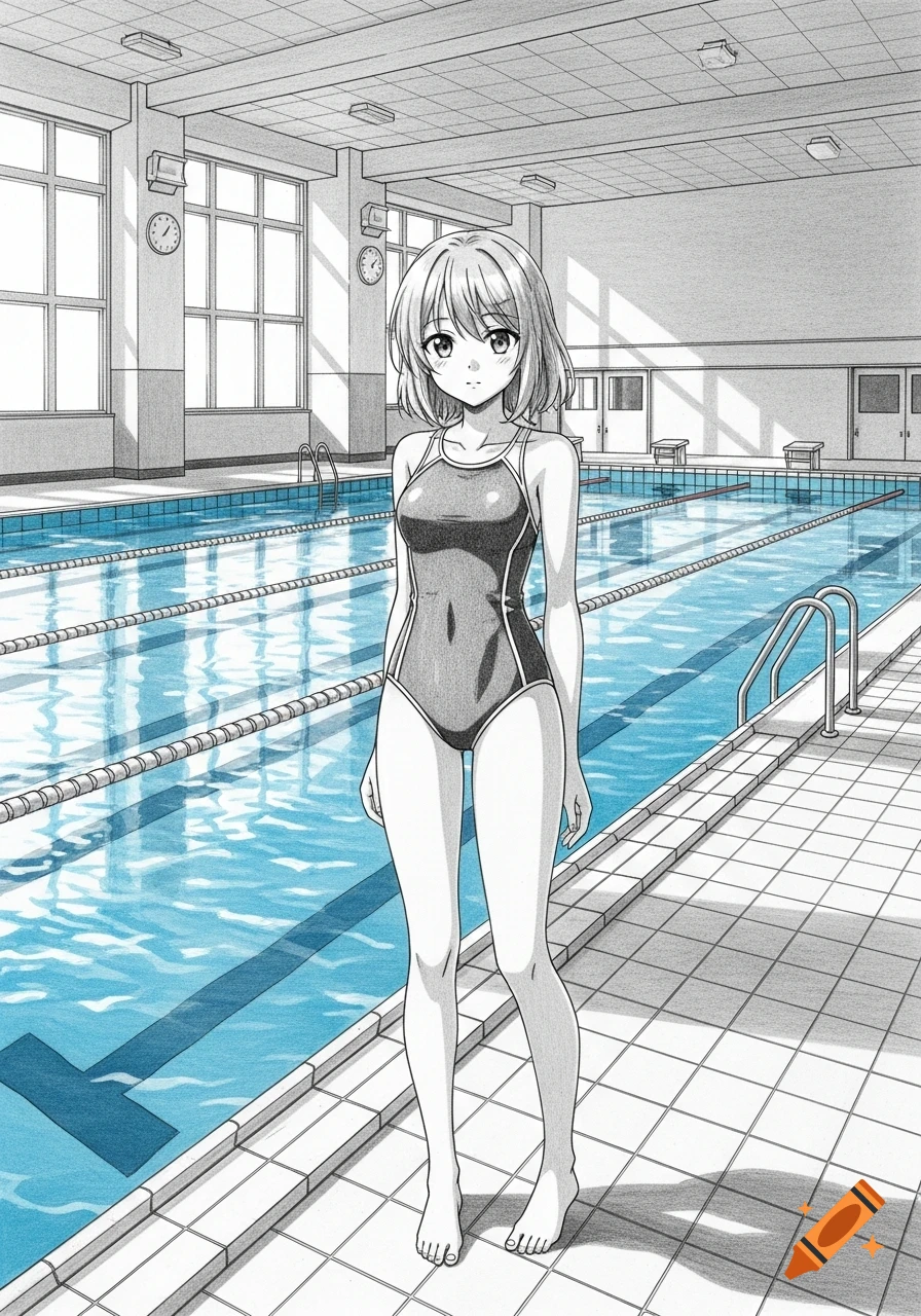 Anime girl in a swimsuit standing by a school swimming pool, depicted in a pencil drawing style with blue water.
