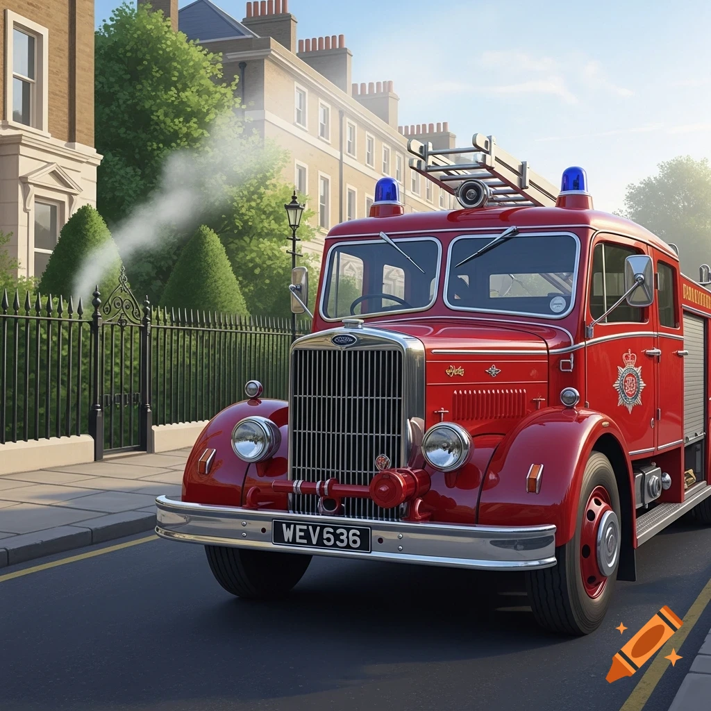 A vibrant red vintage British fire truck is parked on a paved city street, with classic brick buildings and green trees in the background.