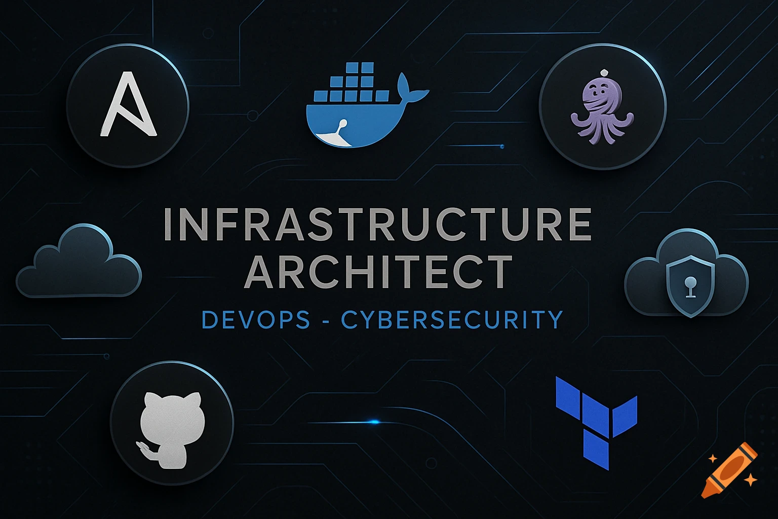 A dark, modern tech banner for Infrastructure Architect, DevOps, Cybersecurity, with icons for Ansible, Docker, Podman, GitHub, Terraform, cloud, and a shield.
