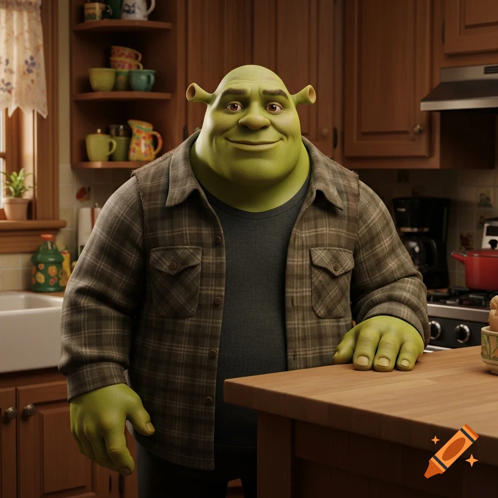 A friendly green ogre, Shrek, stands in a cozy kitchen, wearing a plaid flannel shirt over a dark undershirt, leaning casually on a wooden counter.