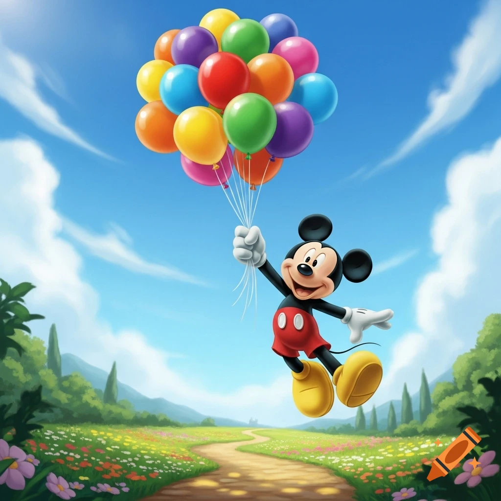 Mickey Mouse floats cheerfully in a blue sky, holding a large bunch of multicolored balloons above a path winding through a flower-filled field.