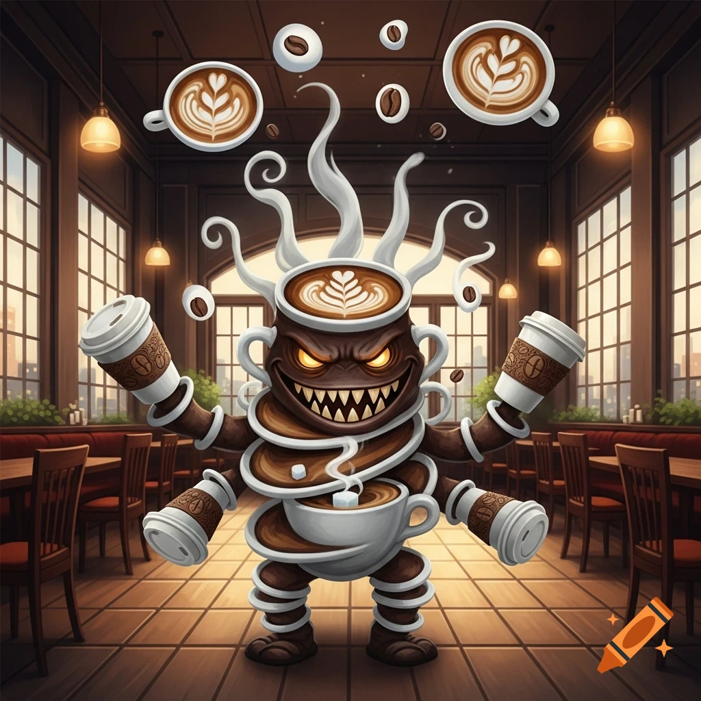 A cartoon caffeine monster with glowing eyes and sharp teeth, made of coffee cups and liquid, stands in a cafe.