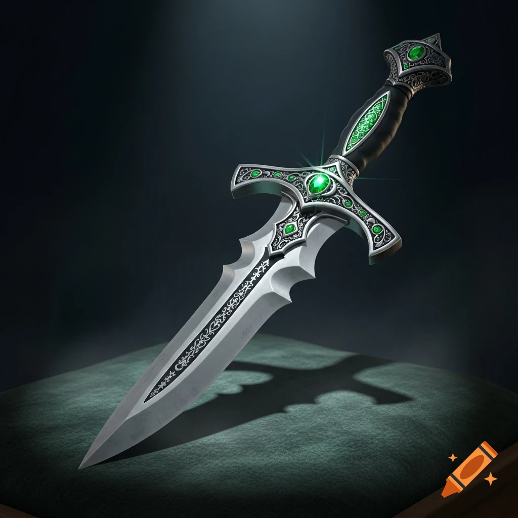 An ornate fantasy dagger with a silver blade, a black hilt, and glowing green gemstones, resting on a dark, textured surface with a subtle spotlight.