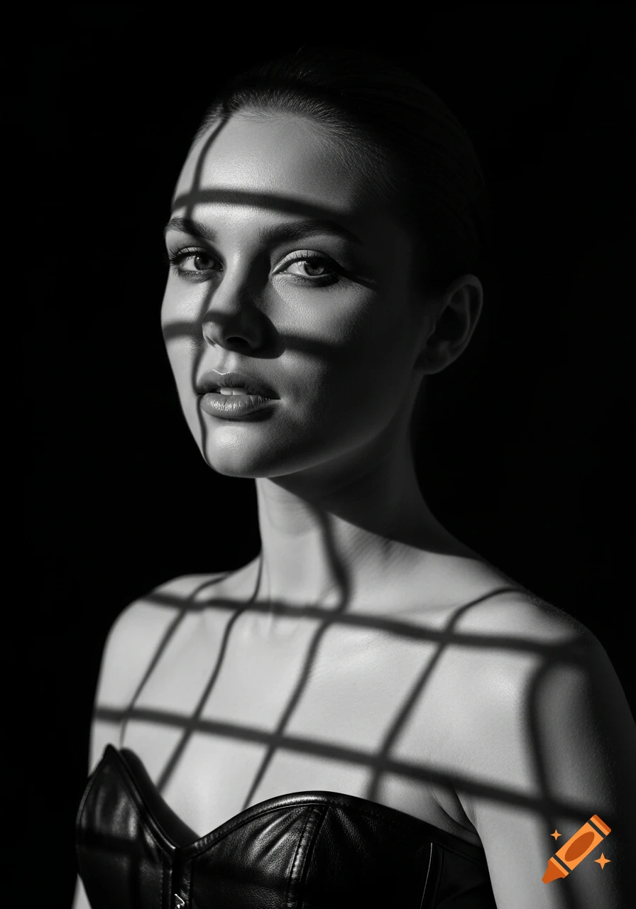 Black and white photorealistic portrait of a woman in a leather corset, with grid shadows on her face and shoulder against a dark background.