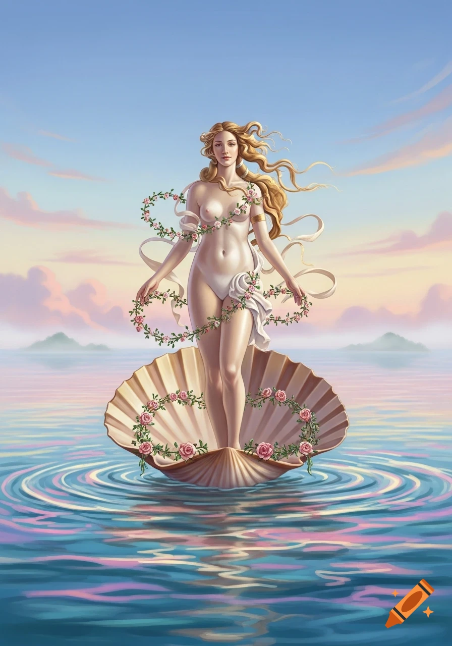 Venus with long blonde hair, adorned with rose garlands, stands on a large seashell in a pastel ocean under a clear sky.