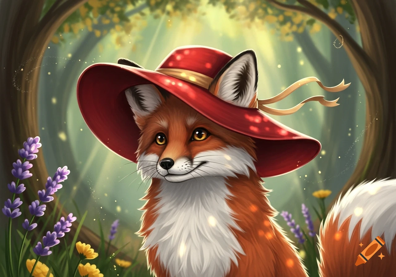 A cute cartoon fox wearing a red hat with ribbons, sitting in a sunny forest with lavender and yellow flowers.