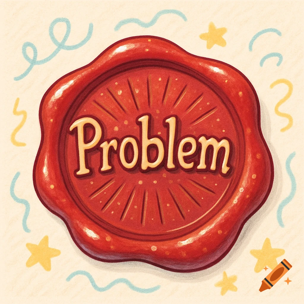 A cute cartoon red wax seal with the word 'Problem' embossed on it, surrounded by yellow stars and blue squiggles.