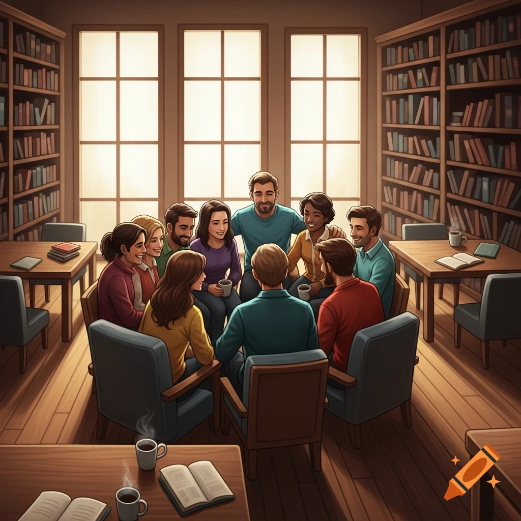 A diverse group of friends smiling and laughing in a cozy library with warm lighting, digital art style.