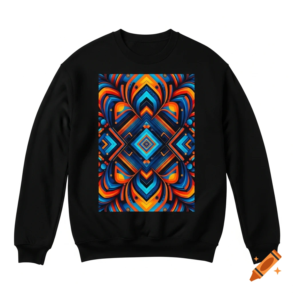 A black crewneck sweatshirt with a vibrant, symmetrical abstract pattern in blue, orange, and red on the front.