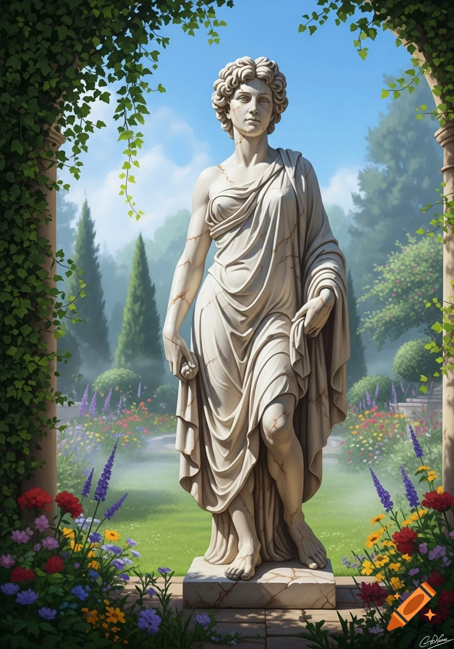 A classical marble statue of a draped figure with curly hair stands in a lush garden filled with colorful flowers and green foliage under a blue sky.