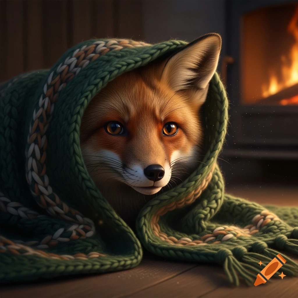A photorealistic red fox with bright eyes peeks out from a cozy green knitted blanket in front of a warm fireplace.