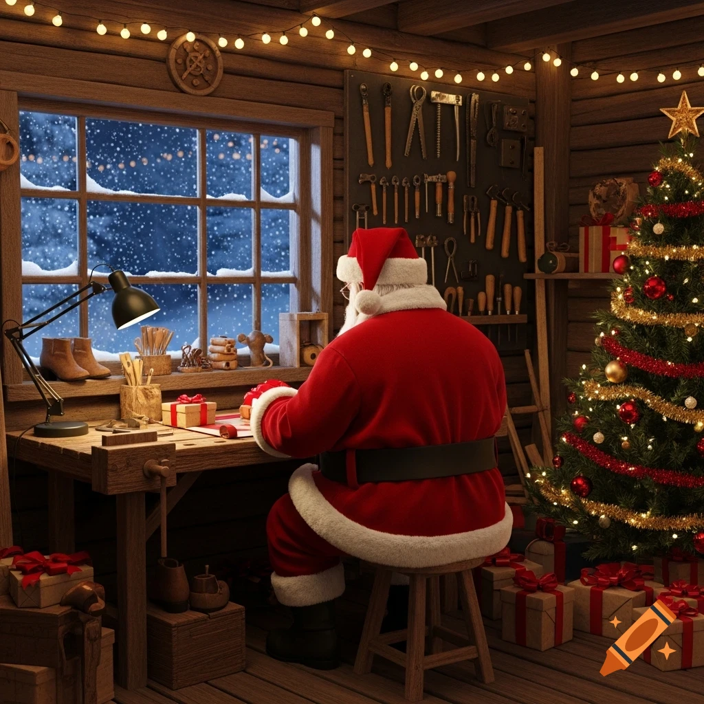 Santa Claus in a festive workshop, back to viewer, wrapping gifts at a workbench with a Christmas tree and snowy window.