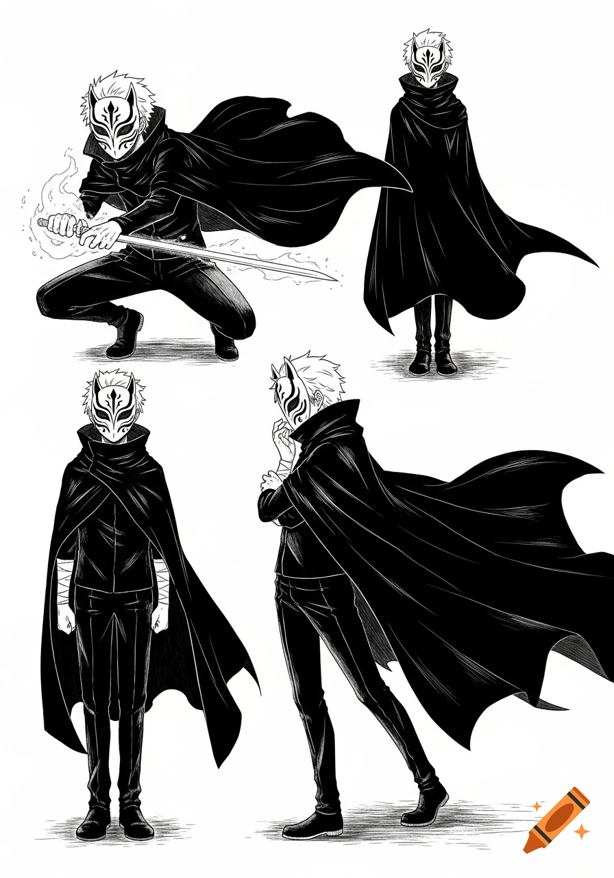 Four black and white manga-style illustrations of a character wearing a fox mask and black cape in various poses.