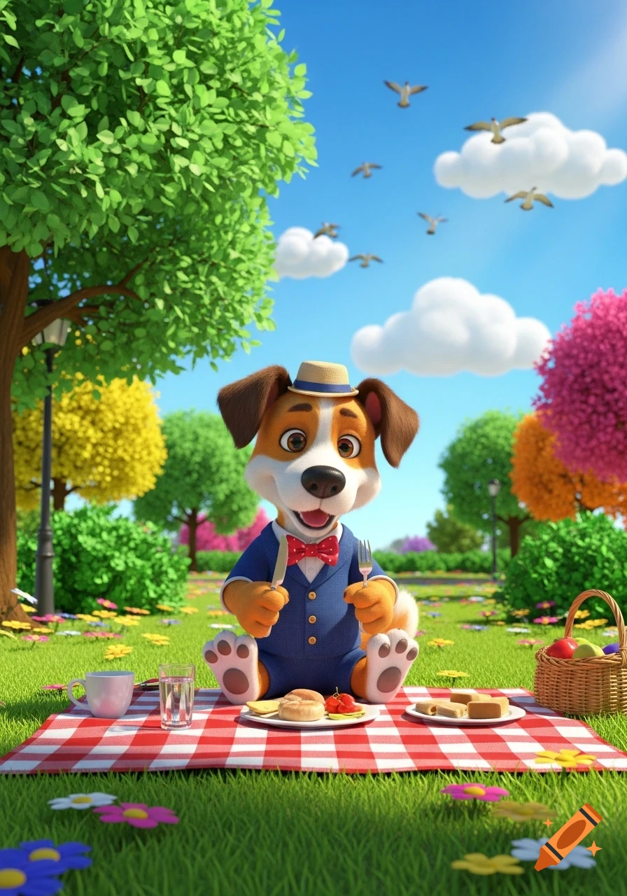 A smiling 3D cartoon dog in a suit and hat holds a knife and fork at a picnic in a sunny park.