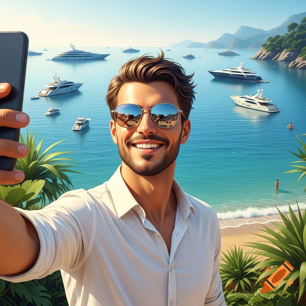 A smiling man takes a selfie on a sunny beach with luxury yachts on the blue sea and green hills. Photorealistic.