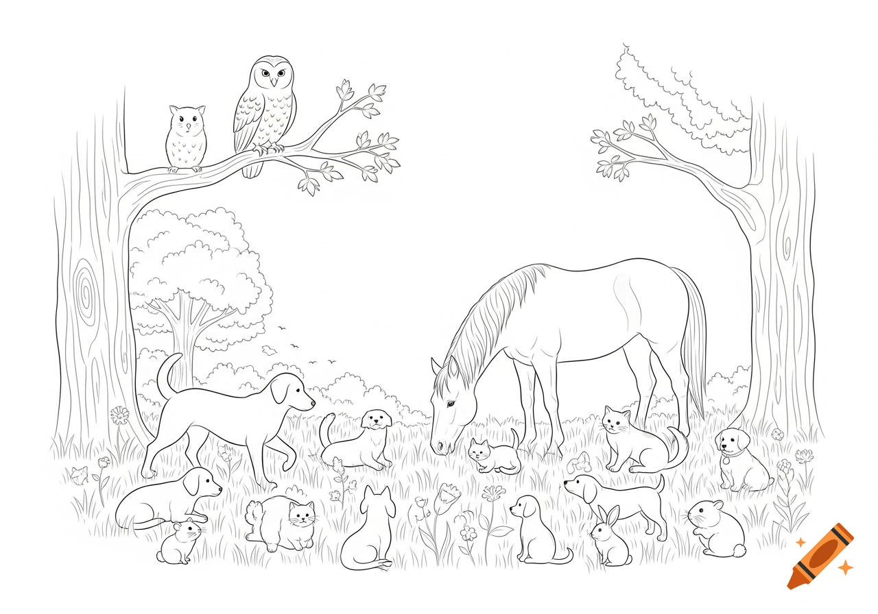 Minimalist line art coloring page featuring a horse, dogs, cats, small pets, and owls in a nature scene.