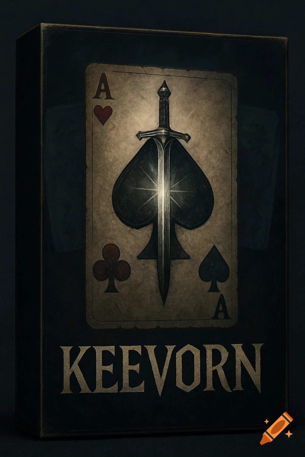 Dark fantasy game box art with a gothic Ace of Spades playing card, a glowing medieval sword, suit icons, and "KEEVORN" in a weathered font.