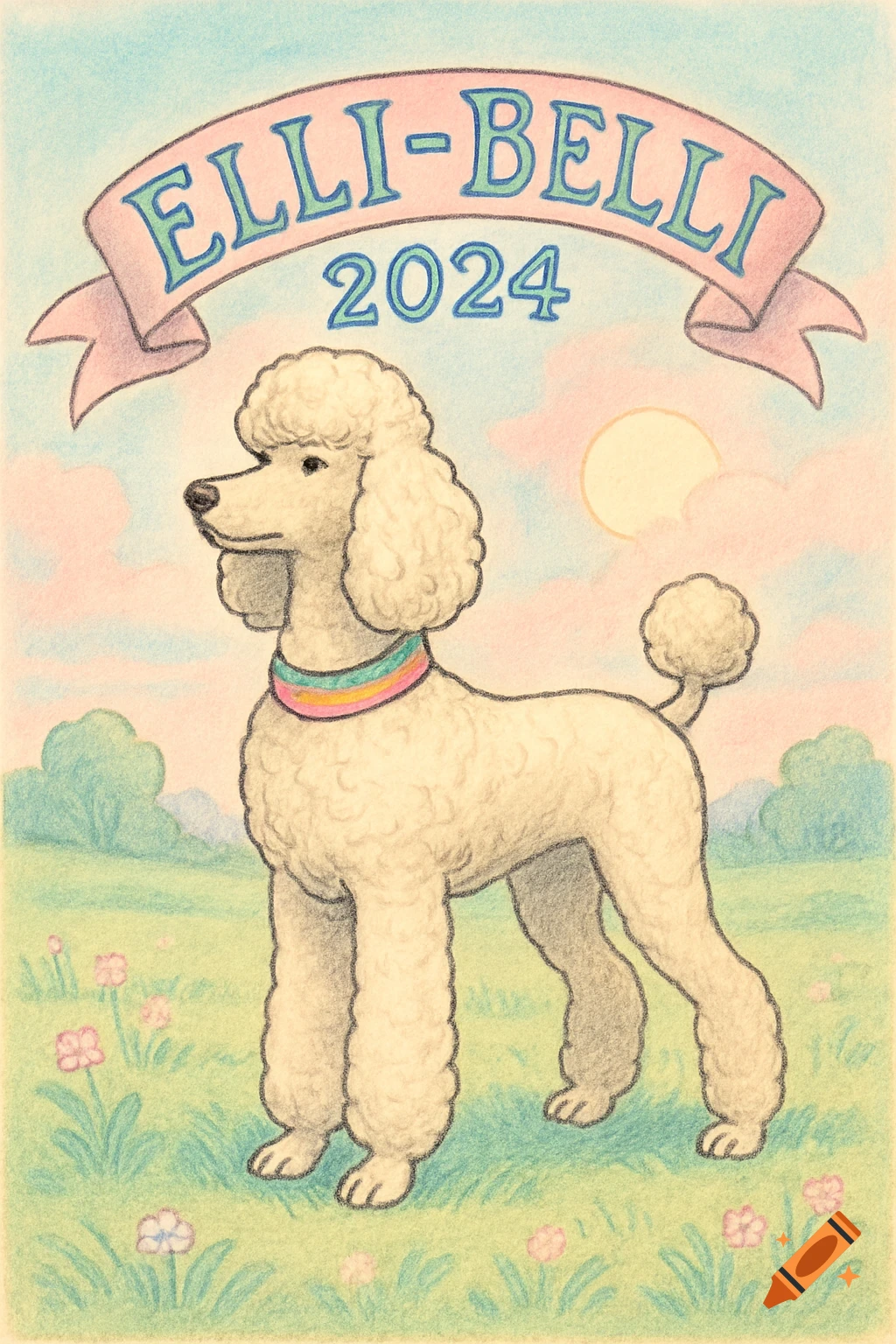 A colored pencil illustration of a cream-colored poodle with a rainbow collar standing in a grassy field under a banner reading "ELLI-BELLI 2024".