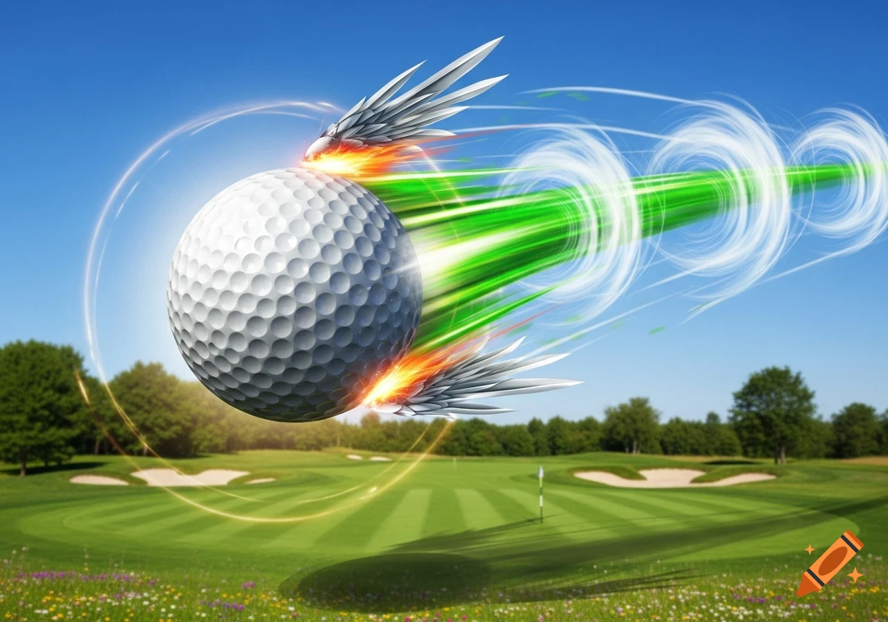 A golf ball with metallic wings and fiery green energy trails flies dynamically over a bright green golf course under a clear blue sky.
