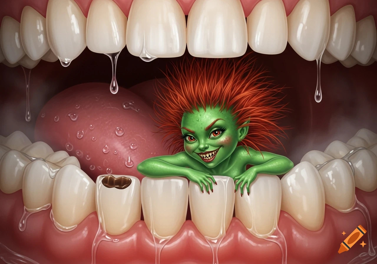 A green, red-haired goblin-like germ with a mischievous grin peeking out from among teeth inside a mouth with a cavity, stylized illustration.