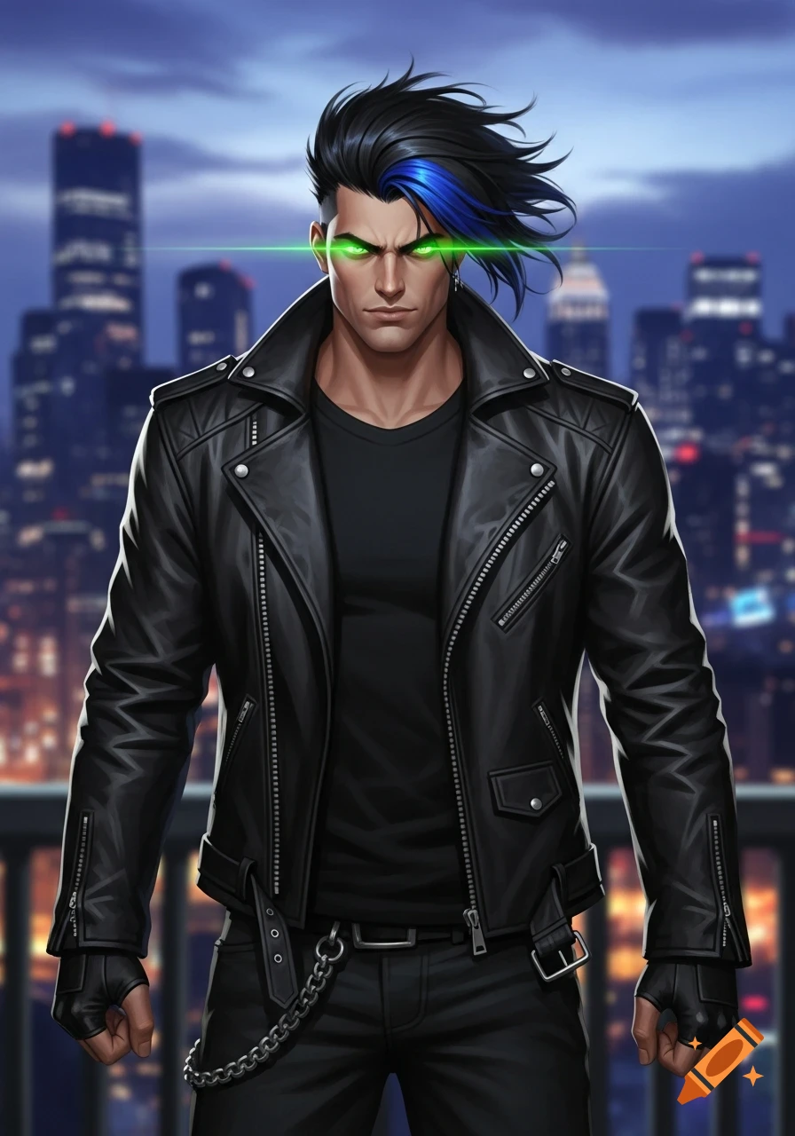 Muscular man with black and blue hair, glowing green eyes, and a black leather jacket against a night city skyline in a comic book style.
