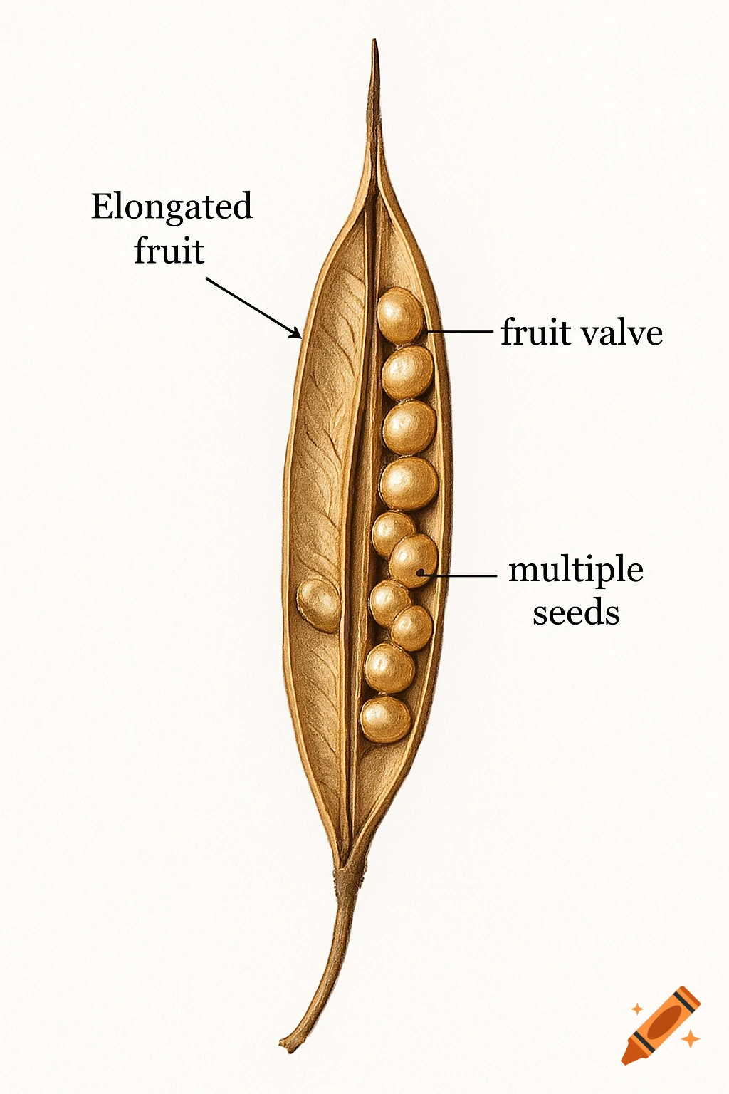 A realistic botanical illustration of an open mustard seed pod, showing an elongated fruit, fruit valve, and multiple seeds with labels.