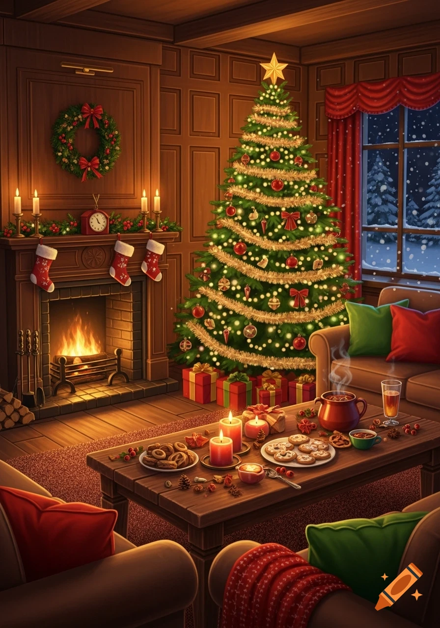 A cozy, festive living room with a brightly lit Christmas tree, a warm fireplace, and a coffee table laden with cookies and drinks.