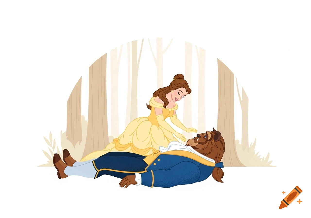 Belle in a yellow gown leans over the Beast in a blue suit lying on the ground, in an animated forest scene.