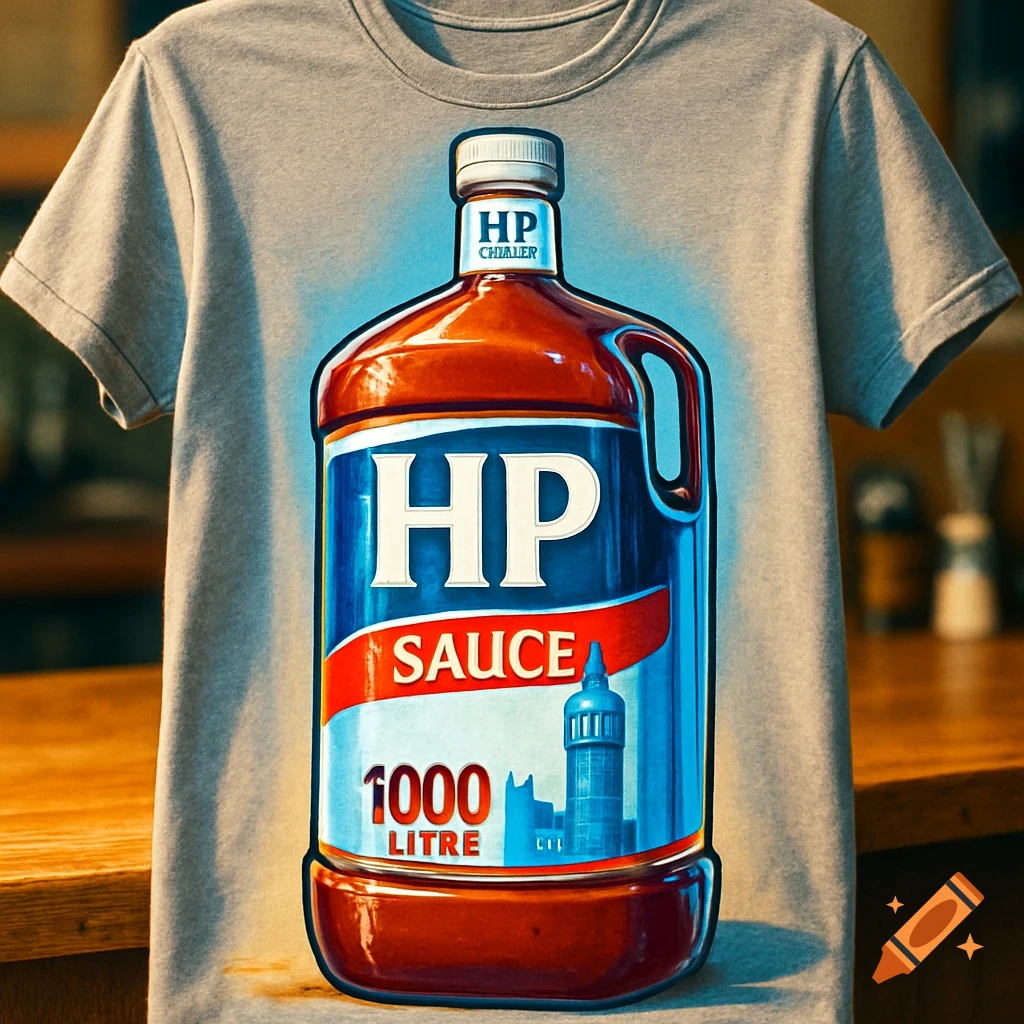 A grey t-shirt featuring a large graphic of a HP sauce bottle with "HP SAUCE 1000 LITRE" written on it, displayed on a wooden surface.
