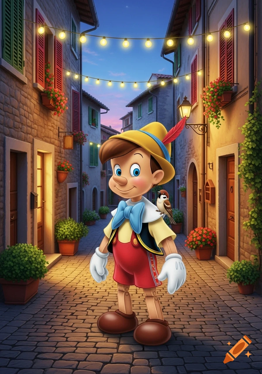 Pinocchio stands on a cobblestone street in an old European town at dusk, with string lights overhead and a small bird on his shoulder.